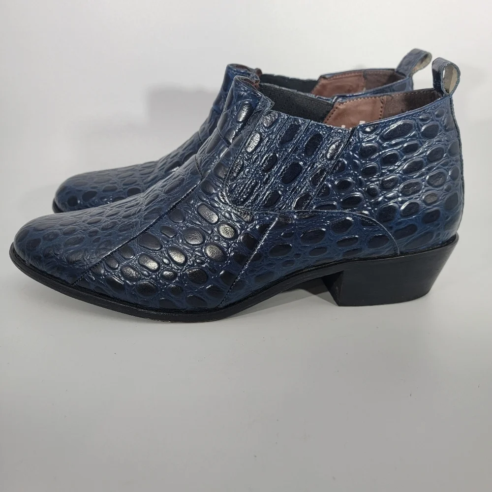Stacy Adams Sandoval Navy Croco Print Leather Cuban Heeled Boots Men's Size 12W